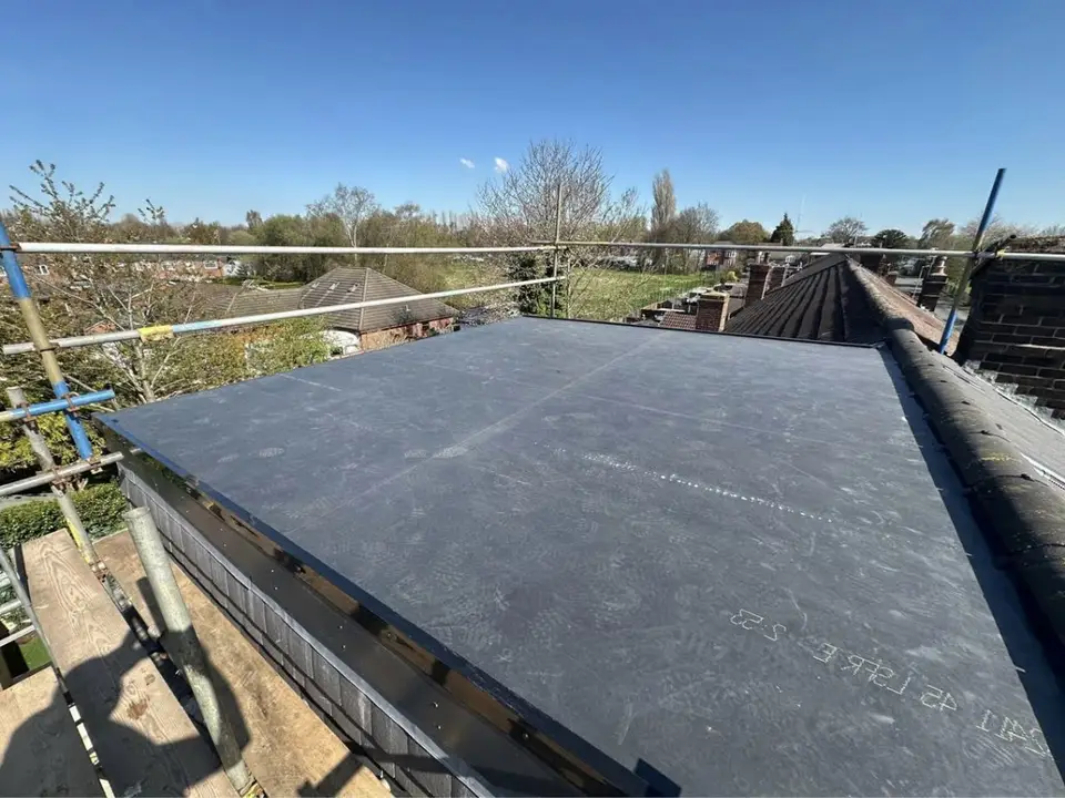 EPDM flat roof with scaffolding